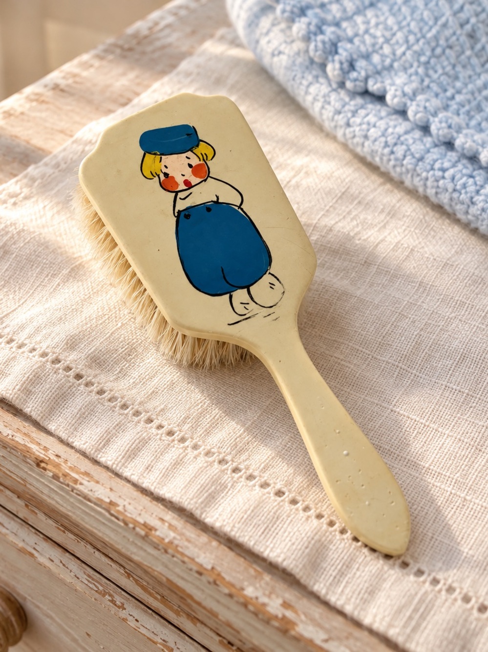 Vintage Baby Hair Brush Painted Dutch Boy Natural Bristles 4.5” Mid 20th Century